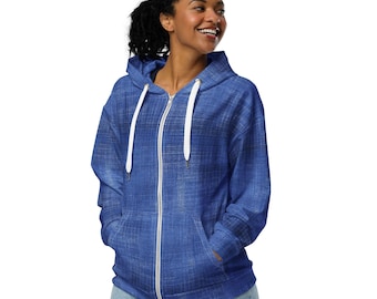 Denim Blue Jean Patterned Zipper Hoodie, Unique AOP Streetwear Zip-Up Hoodie, Warm Comfy Cozy Winter Fashion Hoodie, Plus Size, Unisex
