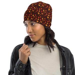 Fall Autumn Leaves Printed Beanie Hat, All Over Print Beanie, Casual Streetwear Winter Cozy Beanie, Warm Headwear, Comfy Unisex Beanie