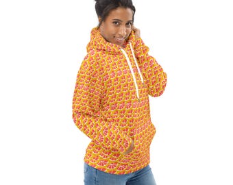 Citrus Grapefruit Print Pullover Hoodie, Aesthetic College Hoodie with Pockets, Grapefruit Lovers, Streetwear Fashion, Loungewear, Plus Size