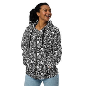 Spooky Skeleton Bones Printed Zipper Hoodie, Gothic Creepy Horror Zip-Up Hoodie, Trendy Festival Hoodies, Halloween Gifts, Unisex, Plus Size