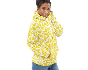 Bananas Fruit Print Pullover Hoodie, Aesthetic College Hoodie with Pockets, Banana Lovers Gift, Streetwear Fashion, Loungewear, Plus Size