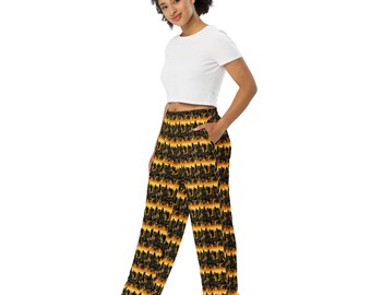 City Night Skyline Printed PJ Pants with Pockets, Streetwear Loungewear Wide Leg Pants, All Over Print, Streetwear, Loungewear, Unisex