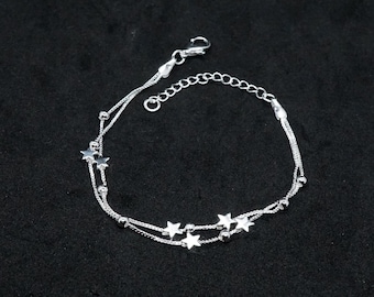 Double Layer Star Sterling Silver Bracelet, Celestial Bracelet, Tiny Star Bracelet, Starburst Charm Bracelet, Gift for her