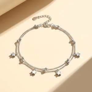 Silver Star Bracelet - Double Layer Dainty Chain with Star Charms - Celestial Jewelry for Her - Minimalist Gift for Birthday, Prom, Wedding