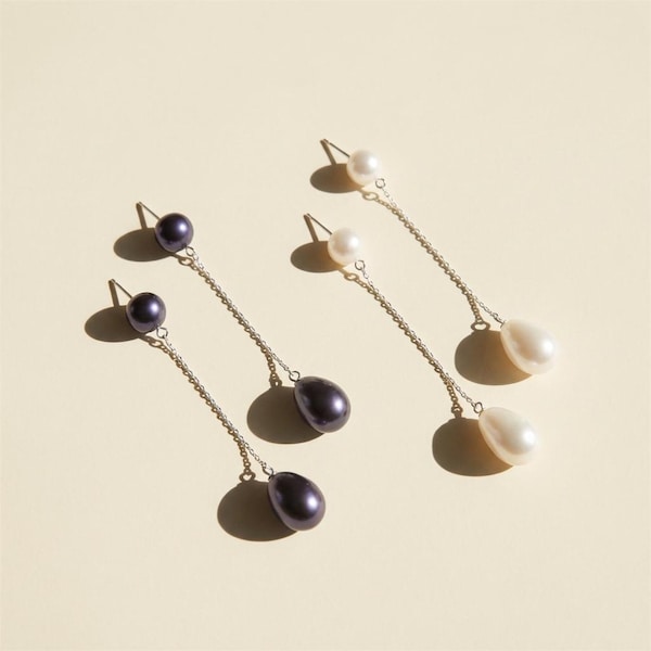 Elegant Long Freshwater Pearl Drop Earrings - Dainty White & Black Pearl Dangle Earrings - Genuine Pearls Bridal Jewelry Gift