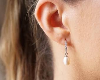 Pearl Drop Earrings, Freshwater Pearl Sterling Silver Huggie Hoop, Bridal Wedding Jewelry, Bridesmaid Accessories, Gift for Her
