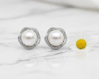 Elegant Pearl Stud Earrings | Sterling Silver Pearl Jewelry | Dainty Bridal Gift for Her | Wedding Earrings | Bridesmaid gift