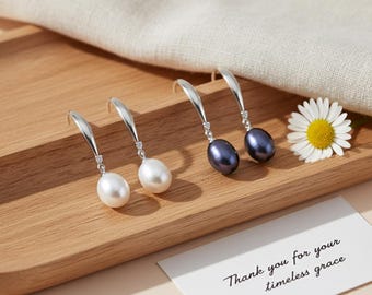 Elegant Pearl Drop Earrings | Sterling Silver Dangle | White or Black Freshwater Pearl Jewelry | Timeless Gift for Her