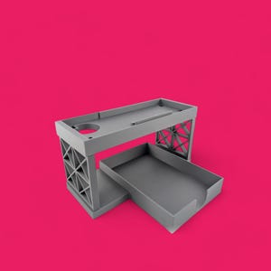 May include: A gray plastic desk organizer with a drawer and a top shelf. The drawer is open and the shelf is empty.