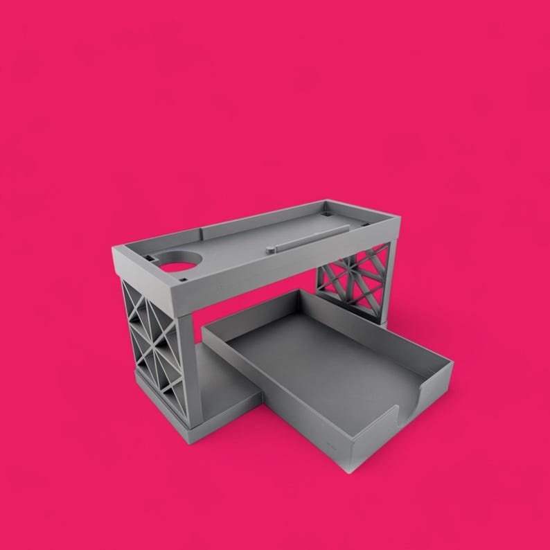 May include: A gray plastic desk organizer with a drawer and a top shelf. The drawer is open and the shelf is empty.