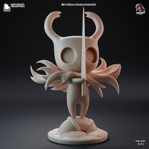 May include: A 3D printed model of a character from the video game Hollow Knight. The character is holding a sword and has a cape. The model is painted in a light beige color.