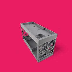 May include: A gray plastic storage organizer with a rectangular shape and a grid pattern on the sides. The organizer has two levels and a removable tray.