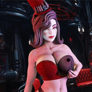 Puede incluir: Una mujer con cabello rojo y un sombrero rojo y negro lleva una blusa roja y negra con un diseño en forma de corazón. Ella sostiene un objeto marrón en su mano.