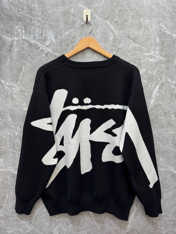 Rare Stussy Stock Logo Knit Sweater Black and White