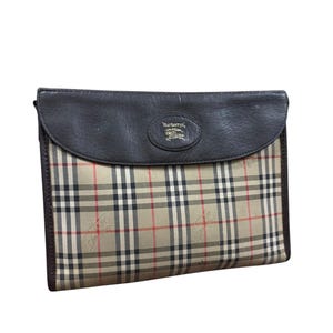 Vintage Burberrys Nova Check Klutch Tasche Canvas Leder Beige