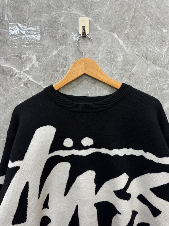 Rare Stussy Stock Logo Knit Sweater Black and White