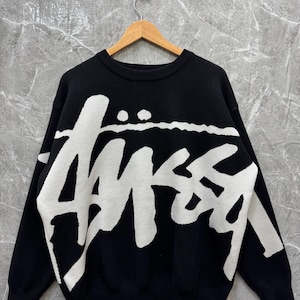 Rare Stussy Stock Logo Knit Sweater Black and White