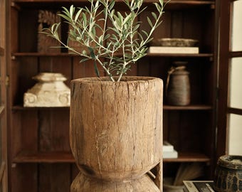 Hand Carved Wooden Planter 17" | Vintage Teak Mortar Plant Stand