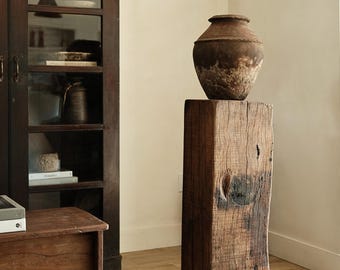 Antique Teak Wood Pedestal 37" | Solid Wood Display Riser | Wabi Sabi Plant Stand | Rustic Column Table | One of a Kind