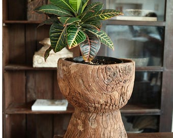 Vintage Solid Teak Ukhali 15.5" | Hourglass Hand Carved Wood Planter