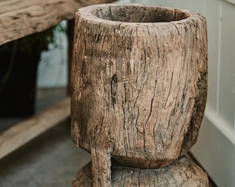 Vintage Teak Wood Ukhali Planter | Carved Teak Accent Table