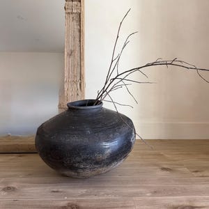 XL Vintage Clay Pot Floor Vase, Antique Handmade Earthenware, Rustic Oversized Decor