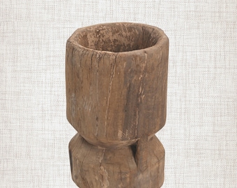 Macetero Ukhali de teca vintage | Soporte para plantas de mortero tallado