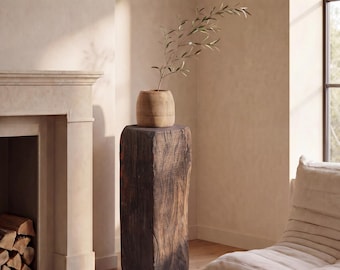 Columna de pedestal de teca antigua | Soporte para plantas de madera maciza | Decoración para el hogar estilo Wabi Sabi | Mesa auxiliar rústica | Pieza única