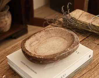 Marble Trinket Dish 11.5" | Rustic Stone Jewelry Tray | Vintage Hand Carved Catchall | Farmhouse Home Decor | One of a Kind
