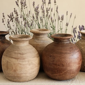 Vintage Wooden Water Pot, Hand Carved Wood Vase, Rustic Antique Planter, Wabi Sabi Vessel