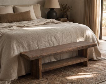 Banco de madera maciza estilo vintage indio | Banco de dormitorio de madera de teca reciclada | Mesa auxiliar de madera para la entrada | Muebles Wabi Sabi