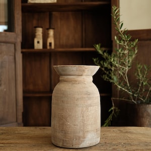 Vintage Wooden Pot | Hand Carved Teak Flower Vase | Modern Rustic Decor