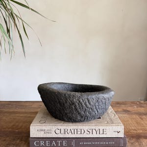 Antique Heavy Stone Mortar Planter | Vintage Hand-Carved Limestone Bowl