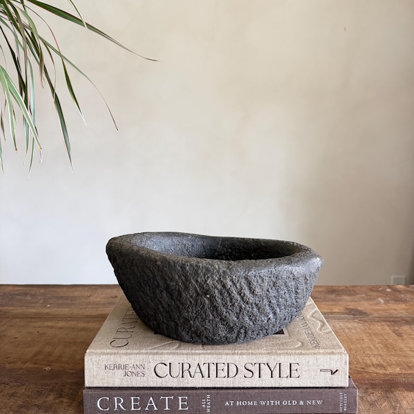 Antique Heavy Stone Mortar Planter | Vintage Hand-Carved Limestone Bowl