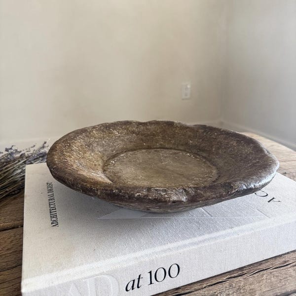 Bol vintage en pierre brun foncé 28 cm | Plat en marbre | Décoration de table rustique