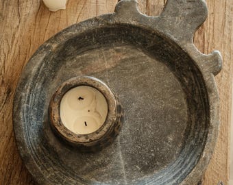 Vintage Gray Marble Parat Tray 19" | Large Stone Centerpiece | Wabi Sabi Coffee Table Decor