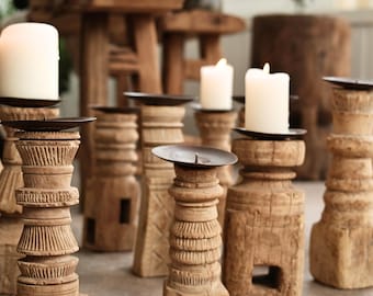 Vintage Carved Teak Wood Candle Stick Holder | Wabi Sabi Wooden Decor