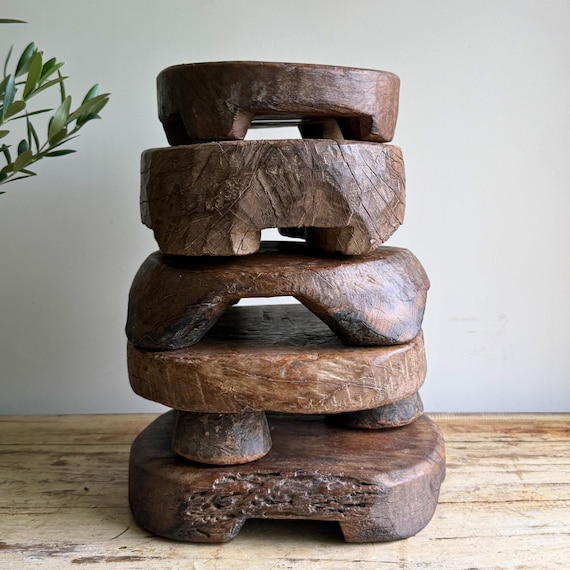 Rustic Circular Vintage Chapati Wooden Riser Trivet, Farmhouse Decor, Kitchen Stand, Bathroom Vanity Stand, Plant Stand