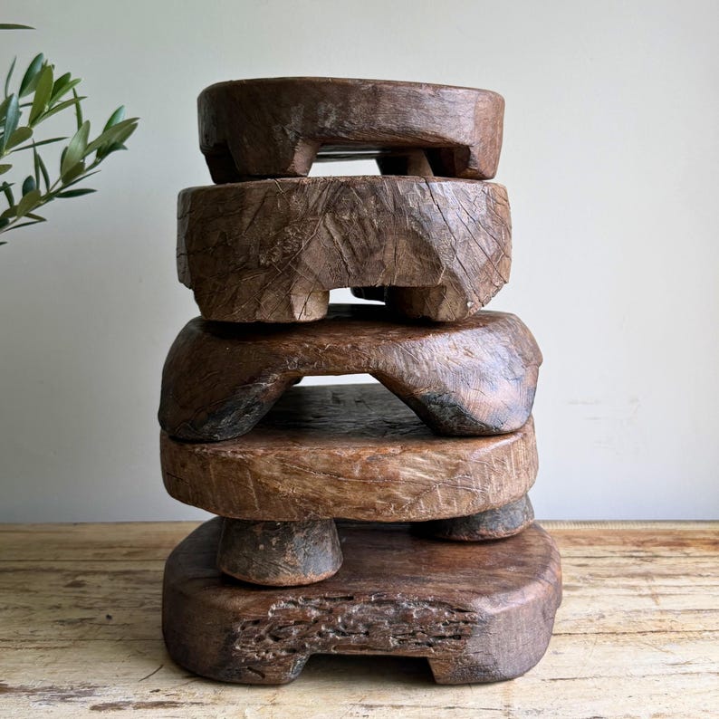 Rustic Circular Vintage Chapati Wooden Riser Trivet, Farmhouse Decor, Kitchen Stand, Bathroom Vanity Stand, Plant Stand image 2