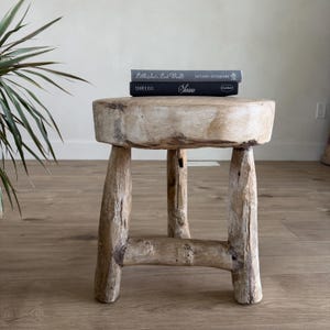 Vintage Wagon Bleached Wheel Stool | Reclaimed Wood Side Table | Rustic Wagon Farmhouse End Table