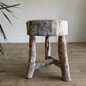 Bleached Teak Tripod Stool | Distressed Live Edge Stool | Rustic Coastal Side Table