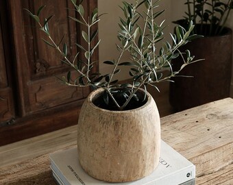 Weathered Flower Vessel 8" | Vintage Carved Teak Wood Pot