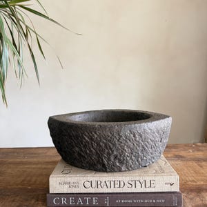 Antique Heavy Stone Mortar Planter | Vintage Hand-Carved Limestone Bowl