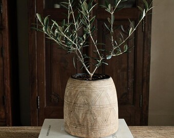Vintage Bleached Teak Wood Pot 8" | Hand Carved Wabi Sabi Planter