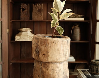 Vintage Solid Teak Ukhali Planter 15" | Hand Carved Grinding Vessel