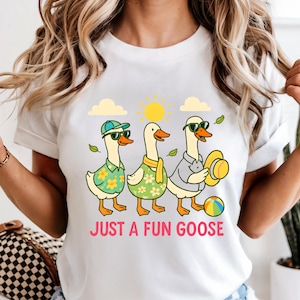 funny summer goose shirt, just a fun goose tee, cute beach animal shirt, vacation vibes t-shirt, retro goose gift, silly goose shirt