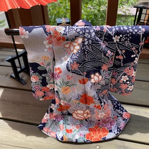 Adorable Miniature Japanese Kimono with hanger. Navy color, Japan&#39;s representative seasonal flowers.