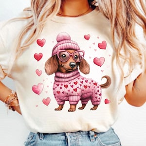 Dackel Hund PNG, Dackel Valentinstag Clipart, süße Weiner Hund in Herz Gläser, rosa Liebe Welpen Design digitaler Download