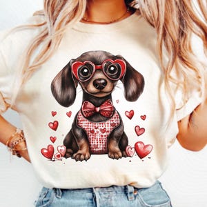 Dackel Hund PNG, Dackel Valentinstag Clipart, süße Weiner Hund in Herz Gläser, rosa Liebe Welpen Design digitaler Download