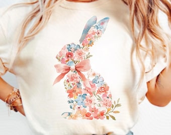Watercolor Floral Easter Bunny PNG, Girly Spring Bunny, Easter Bow PNG, Digital Download, Sublimation Design, Easter Clipart